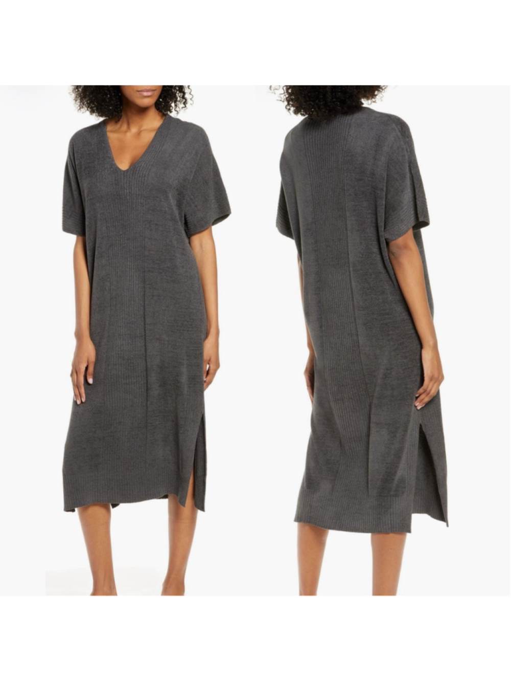 Barefoot Dreams Cozychic Ultra Lite Caftan Dress Carbron Gray One Size